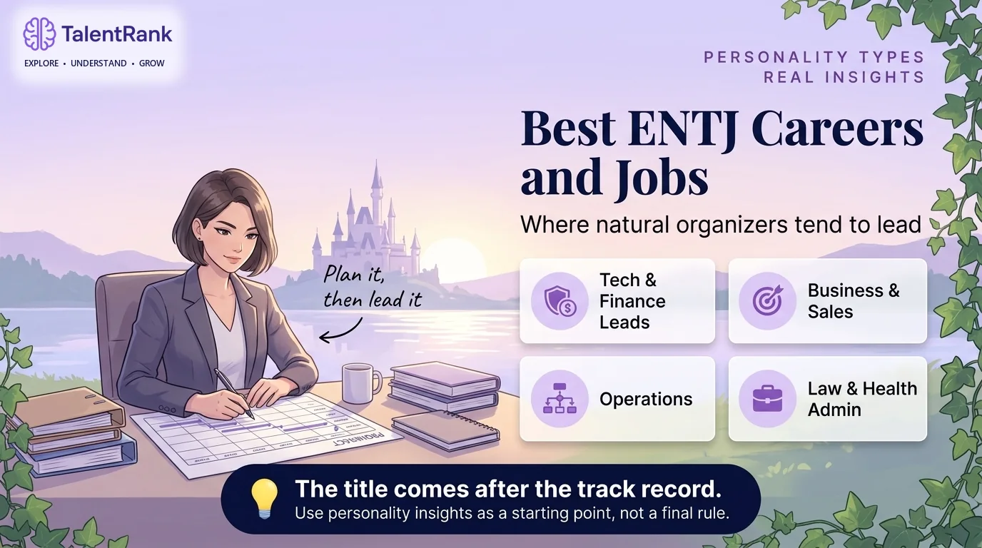 Illustrated ENTJ planning at a desk beside four career groups: tech and finance leadership, business and sales, operations and delivery, and law and healthcare administration.