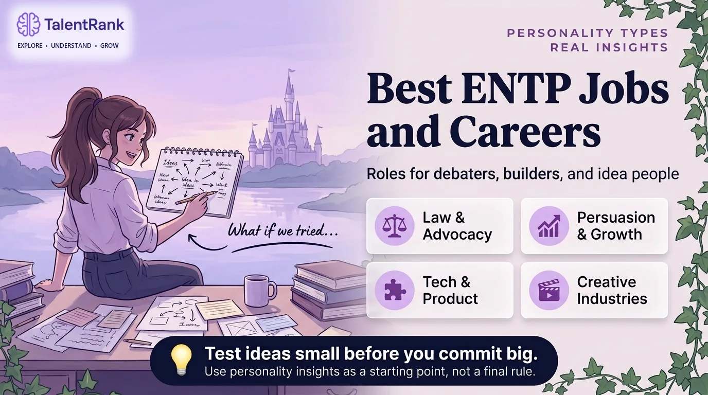 Illustrated ENTP at a desk full of sketches beside four career groups: law and advocacy, persuasion and growth, technology and product, and creative industries.