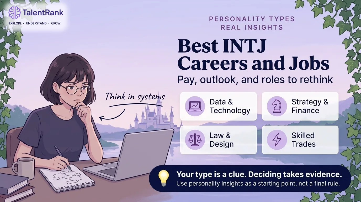 Illustrated woman planning at a desk beside four INTJ career groups: data and technology, strategy and finance, law and design, and skilled trades.