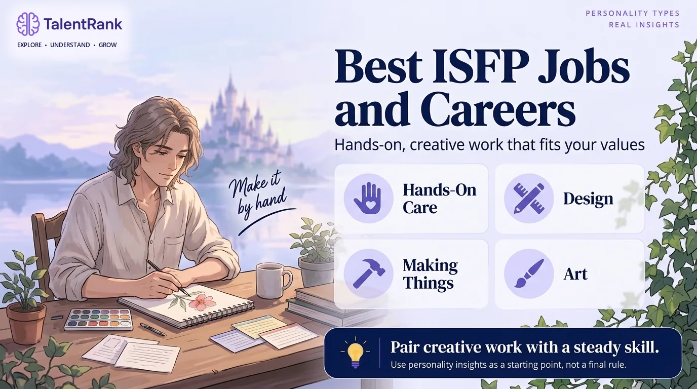 Illustrated ISFP sketching at a desk beside four career groups: hands-on care, design, making things, and art.