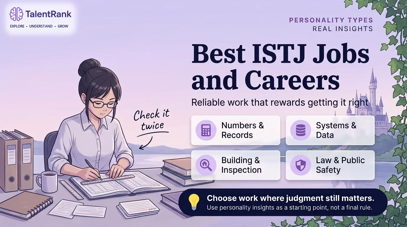 Illustrated ISTJ checking records at a tidy desk beside four career groups: numbers and records, systems and data, building and inspection, and law and public safety.