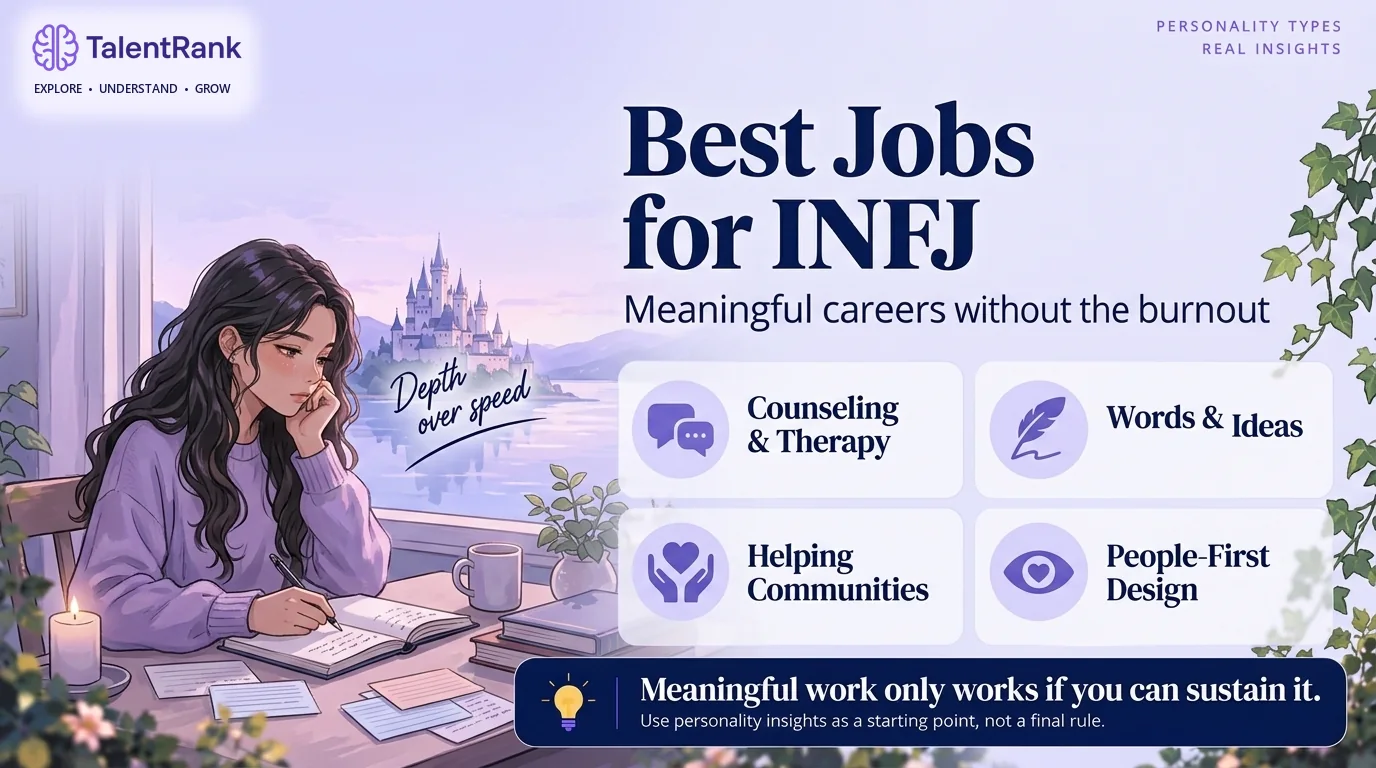 Illustrated INFJ writing at a quiet desk beside four career groups: counseling and therapy, words and ideas, helping communities, and people-first design.