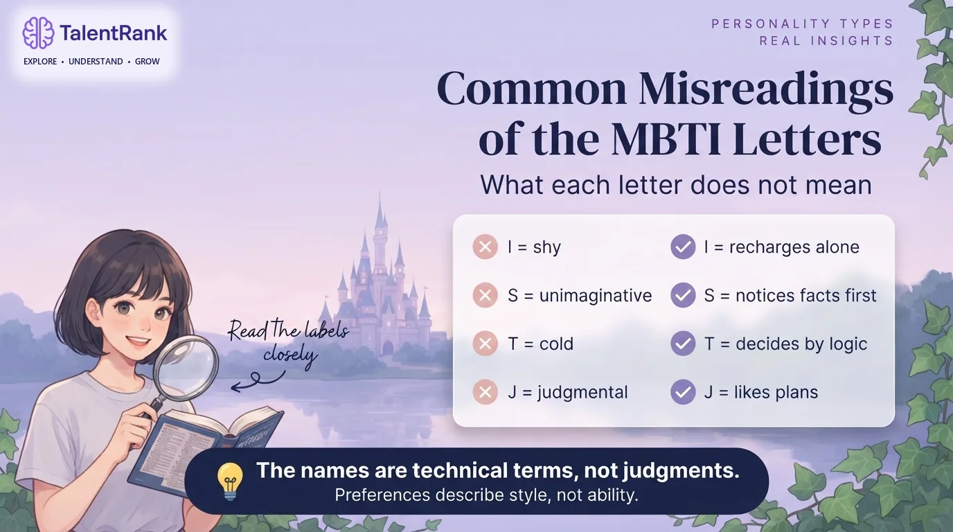 Four common misreadings of the MBTI letters, and what each letter really means. Checklist of common misreadings of MBTI letters: introversion as shyness, Sensing as unimaginative, Thinking as cold, and Judging as judgmental.