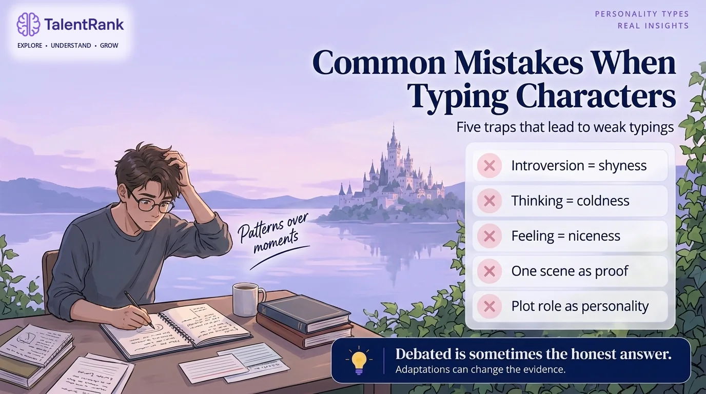 Five common mistakes that lead to weak character typings. Checklist of five common mistakes when typing fictional characters: introversion as shyness, Thinking as coldness, Feeling as niceness, one scene as proof, and plot role as personality.