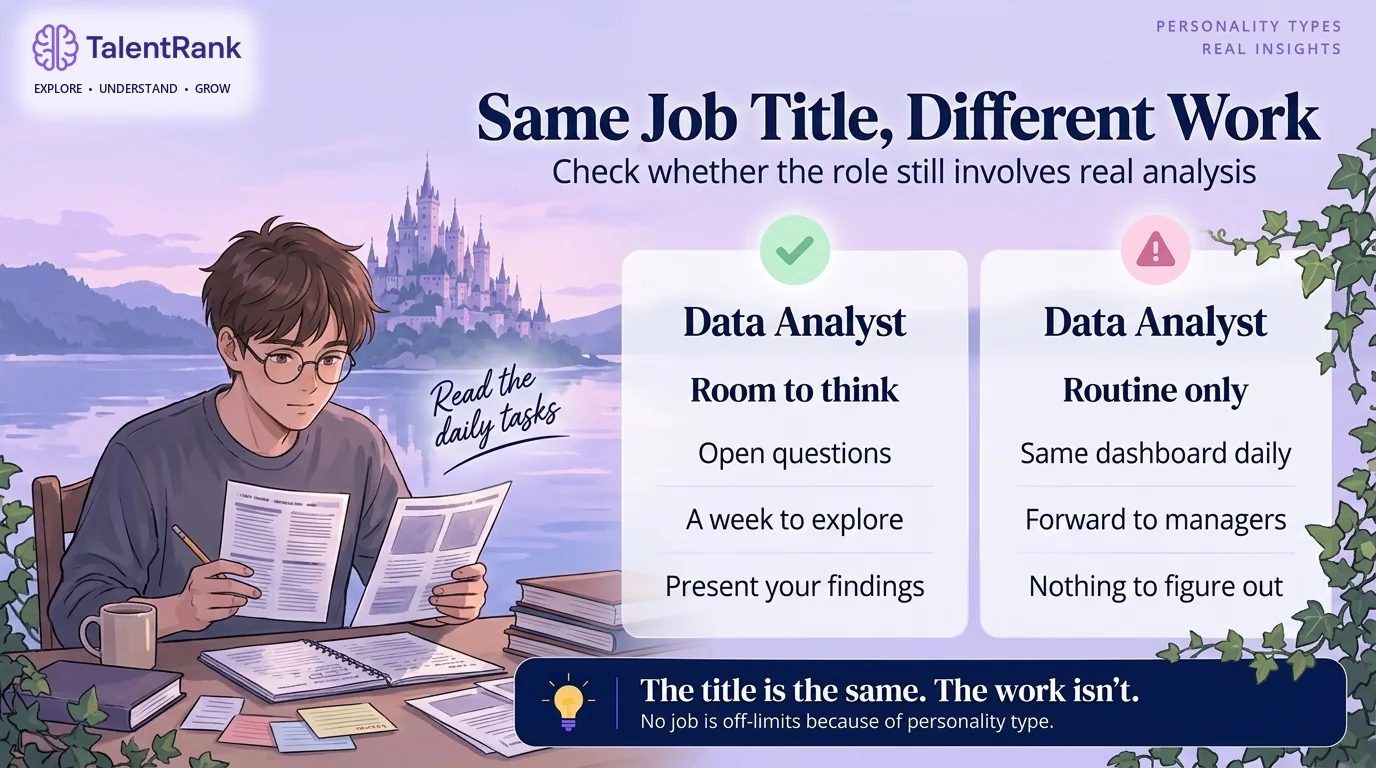 Same job title, very different work: check whether a role still involves real analysis. Comparison of two data analyst jobs: one with open questions and time to explore, one refreshing the same dashboard every morning.