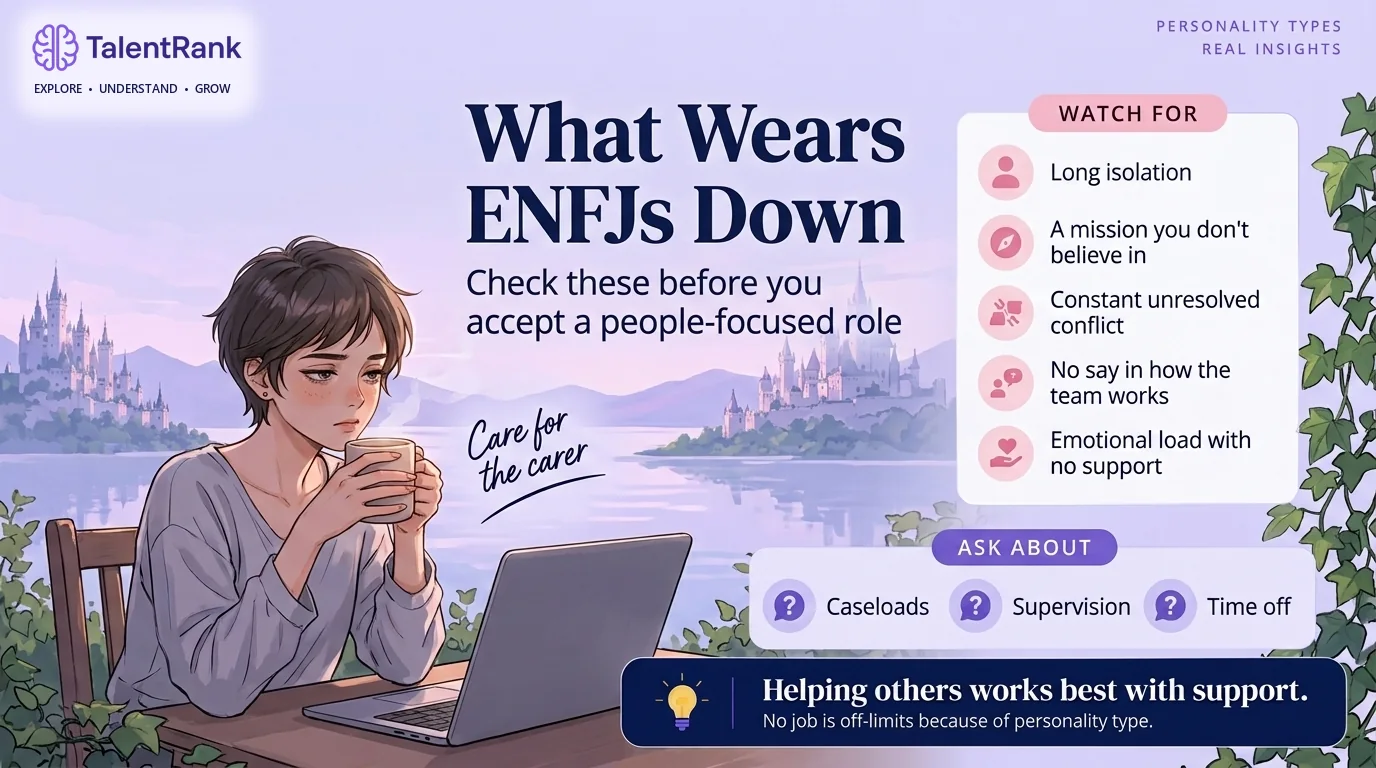 Conditions worth asking about before you accept a people-focused role. Checklist of five workplace conditions that tend to drain ENFJs, with interview questions about caseloads, supervision, and time off.