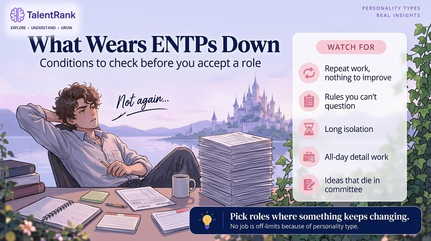 Conditions to check before accepting a role, whatever the job title. Checklist of five workplace conditions that tend to wear ENTPs down, from repetitive work to slow organizations where ideas stall.