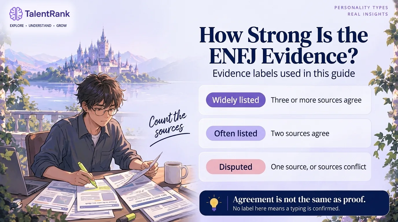 How this guide labels the evidence behind each ENFJ celebrity typing. Infographic of three evidence labels for ENFJ celebrity typings: widely listed by three or more sources, often listed by two, and disputed.