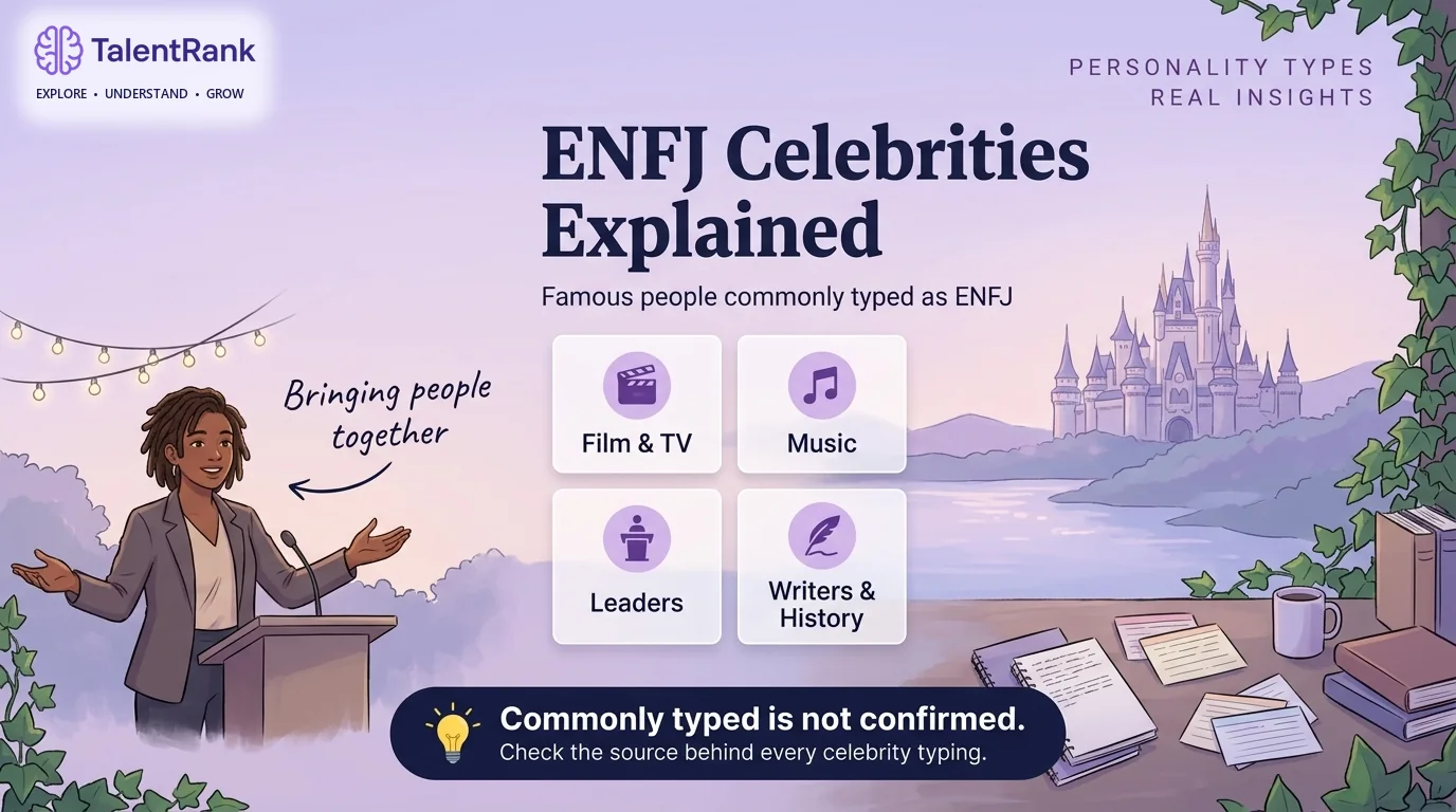 Illustrated speaker addressing a crowd beside cards for ENFJ celebrity groups: film and TV, music, leaders, and writers and history.