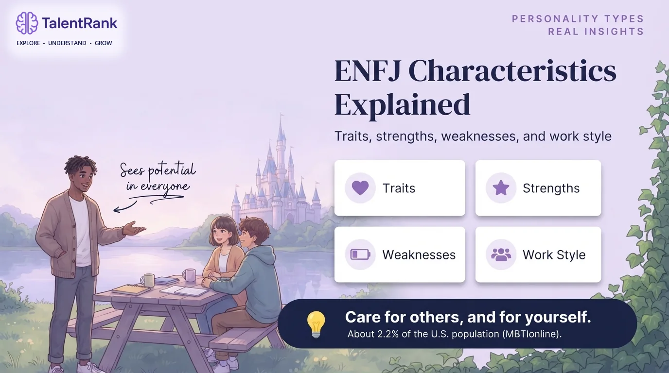 Illustrated warm leader encouraging a small group beside cards for ENFJ traits, strengths, weaknesses, and work style.