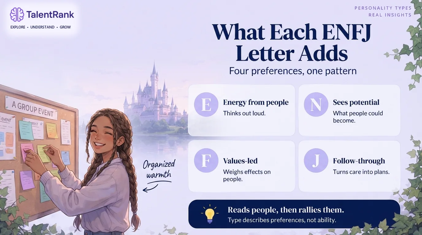What each ENFJ letter adds to the overall pattern. Infographic of what each ENFJ letter means: energy from people, seeing potential, decisions guided by values, and organized follow-through.