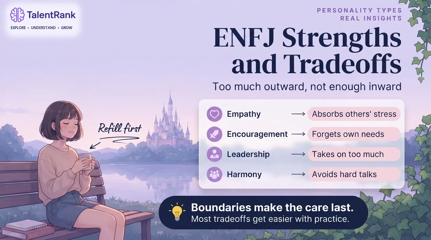 Most ENFJ weaknesses come from too much attention outward and not enough inward. Chart of ENFJ strengths and their tradeoffs: empathy, encouragement, leadership, and harmony-seeking, each with a possible downside.
