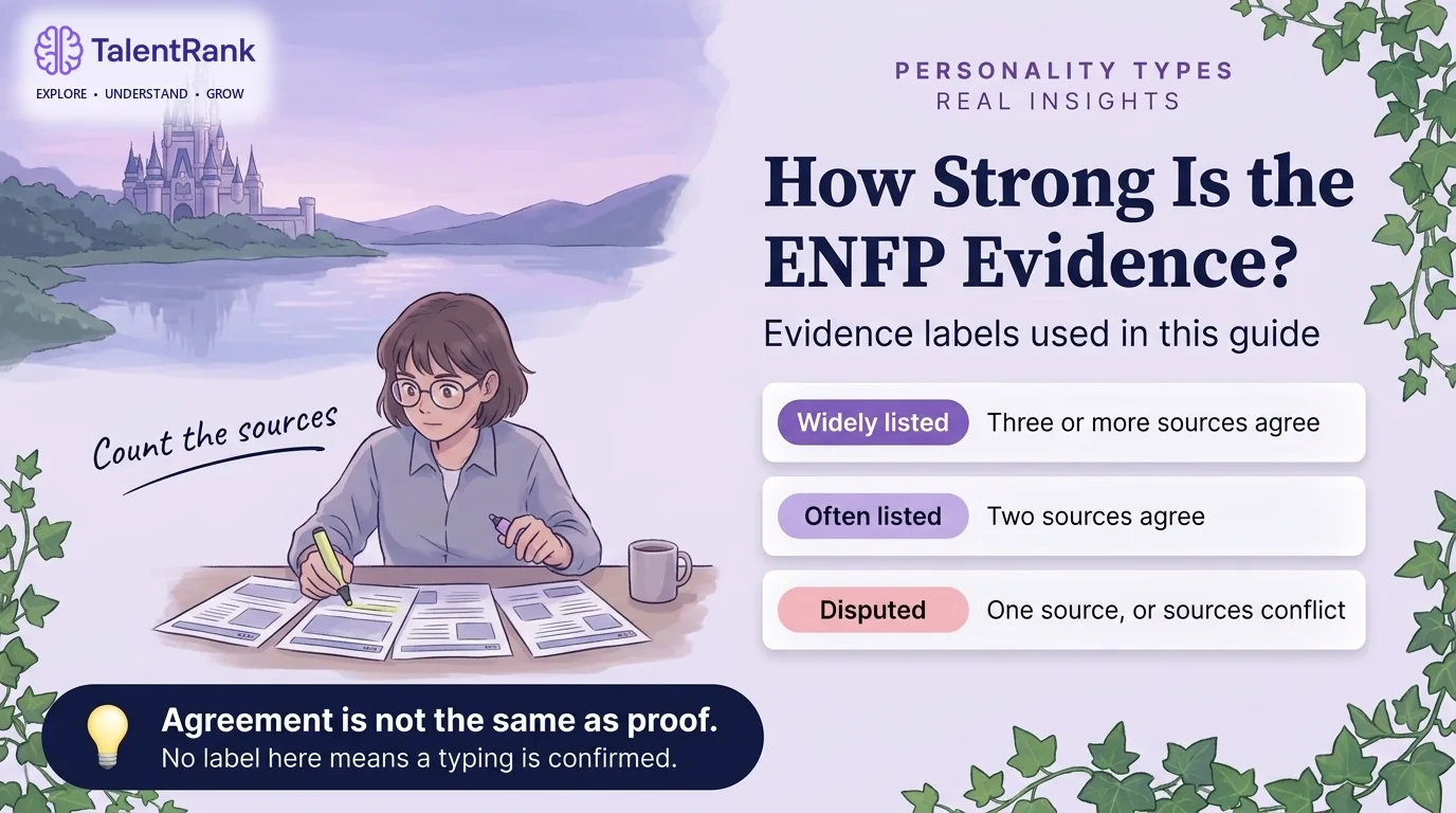 How this guide labels the evidence behind each ENFP celebrity typing. Infographic of three evidence labels for celebrity typings: widely listed by three or more sources, often listed by two, and disputed or single-source.