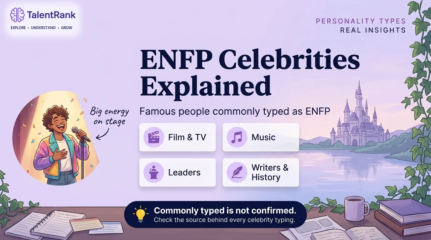Illustrated spotlight stage with an original performer and cards for ENFP celebrity groups: film and TV, comedy, music, and historical figures.