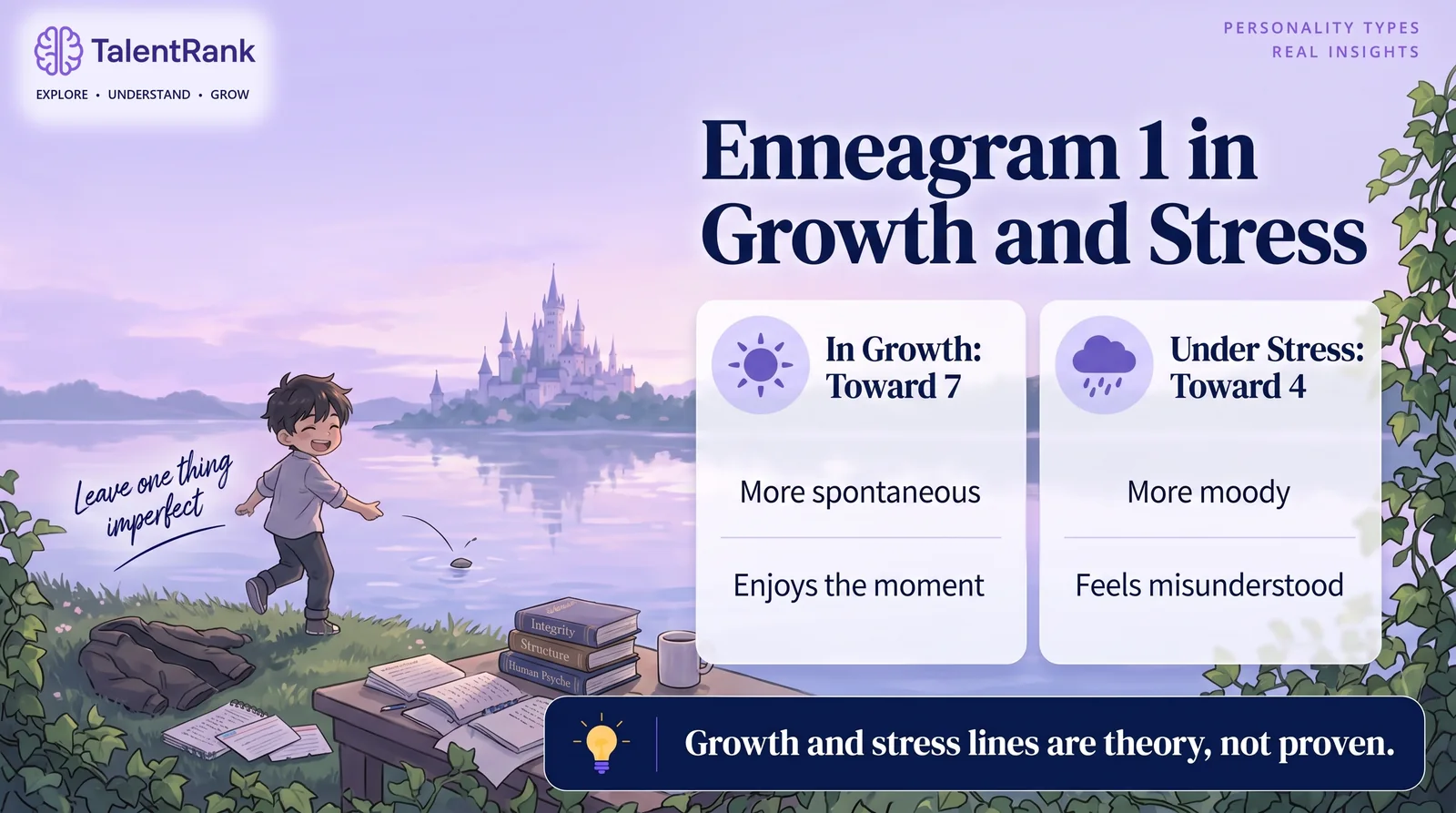 Where Ones tend to go in growth and under stress, according to Enneagram theory. Two cards showing an Enneagram 1 moving toward Type 7 in growth and toward Type 4 under stress.