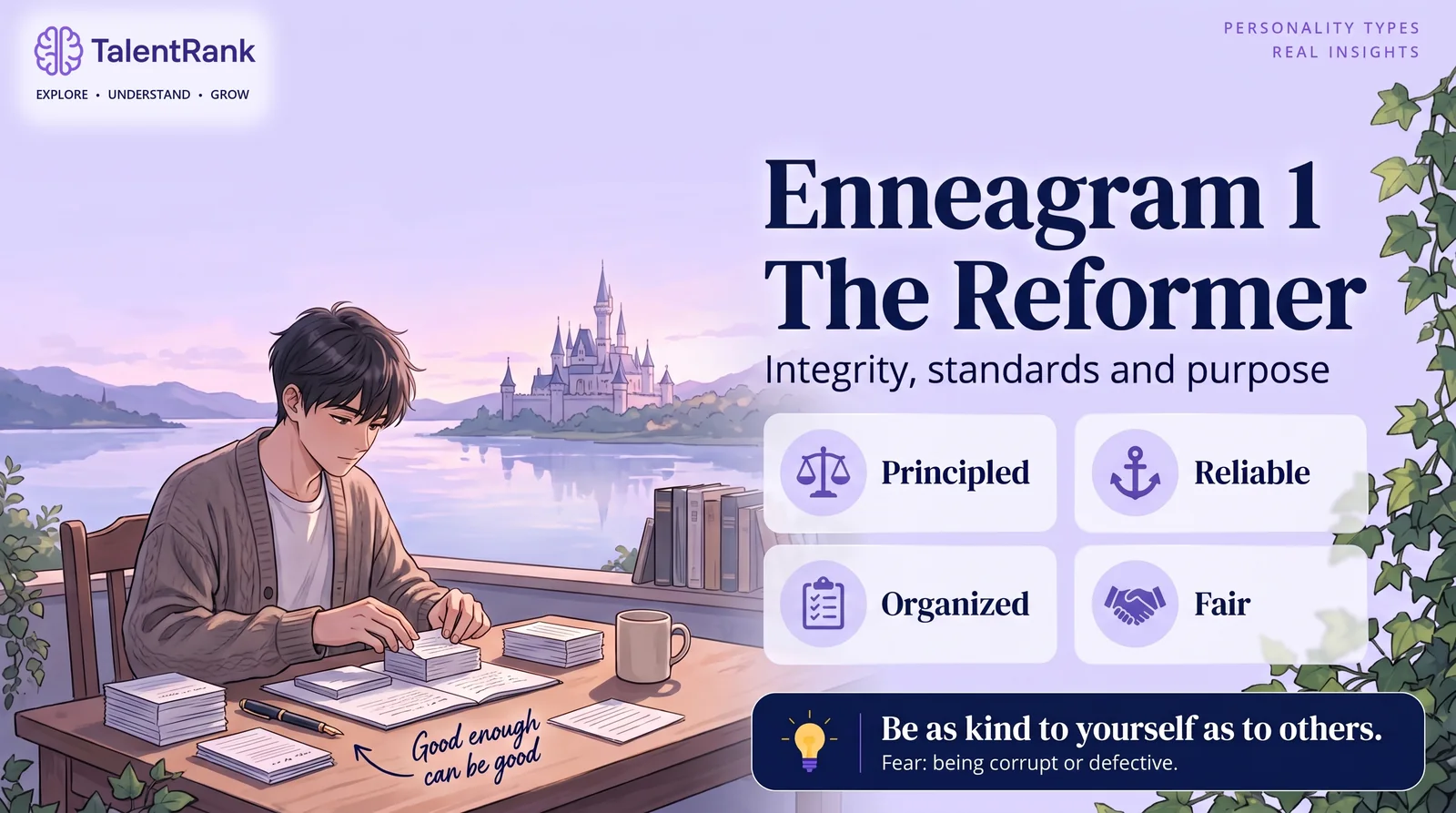 Illustrated young man carefully organizing papers by a lake beside cards reading principled, reliable, organized and fair.