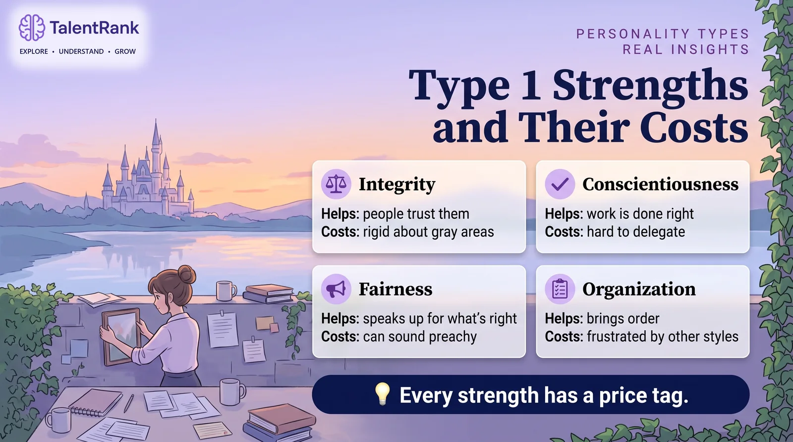 High standards help, and they have costs too. Four cards showing Type 1 strengths, integrity, conscientiousness, fairness and organization, each with its cost.
