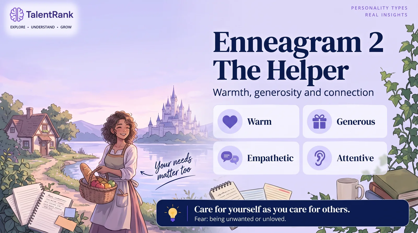 Illustrated warm young woman carrying a basket of food by a lake beside cards reading warm, generous, empathetic and attentive.