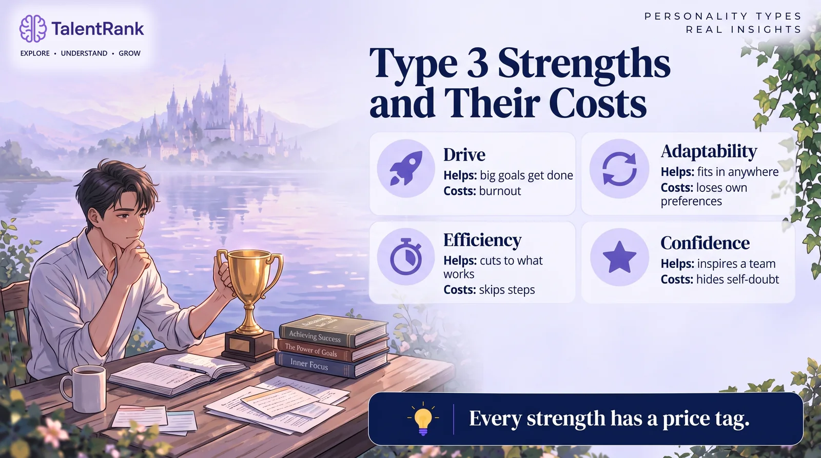 Four cards showing Type 3 strengths, drive, adaptability, efficiency and confidence, each with its cost.