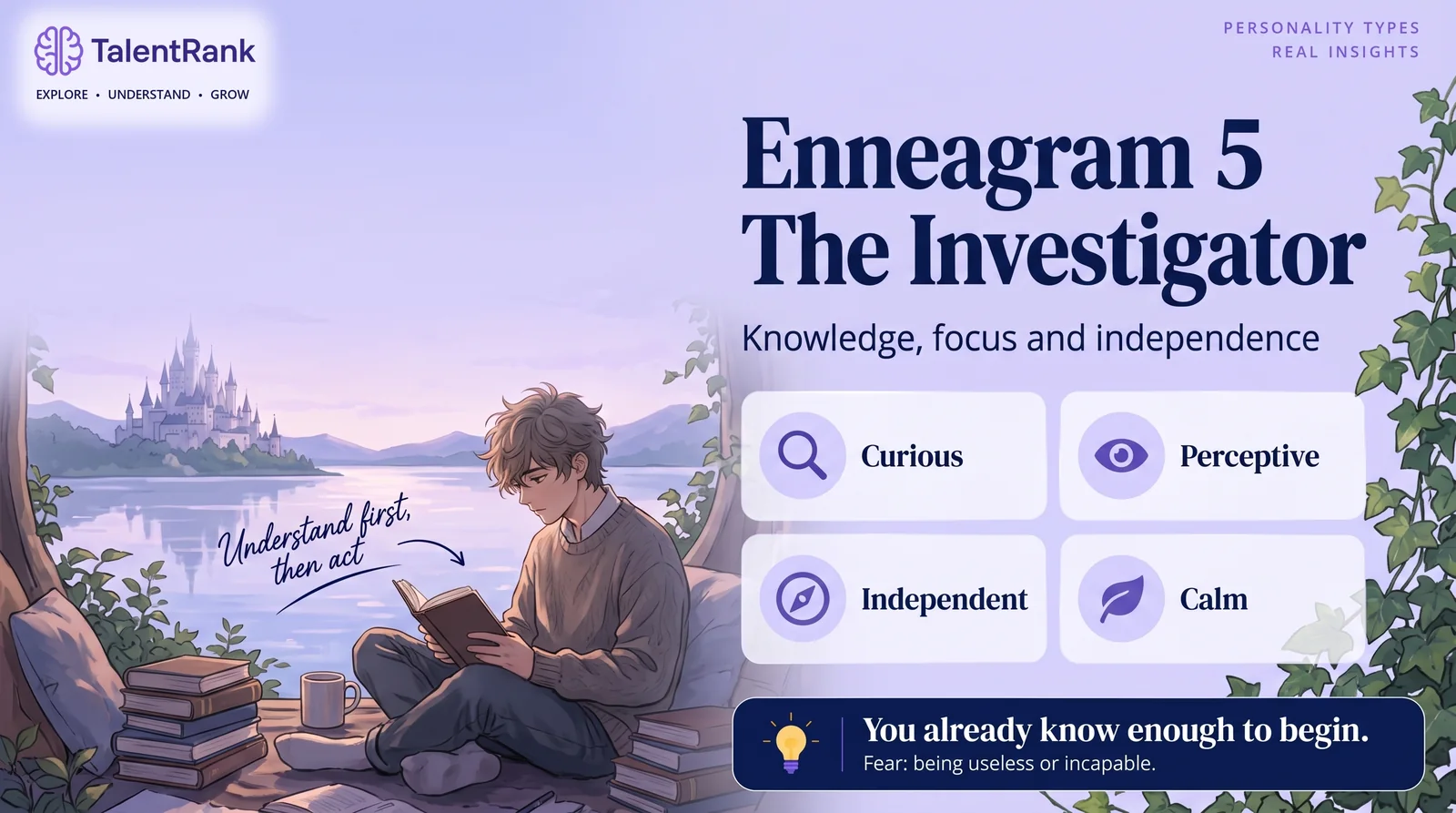 Illustrated young man reading surrounded by books by a lake beside cards reading curious, perceptive, independent and calm.