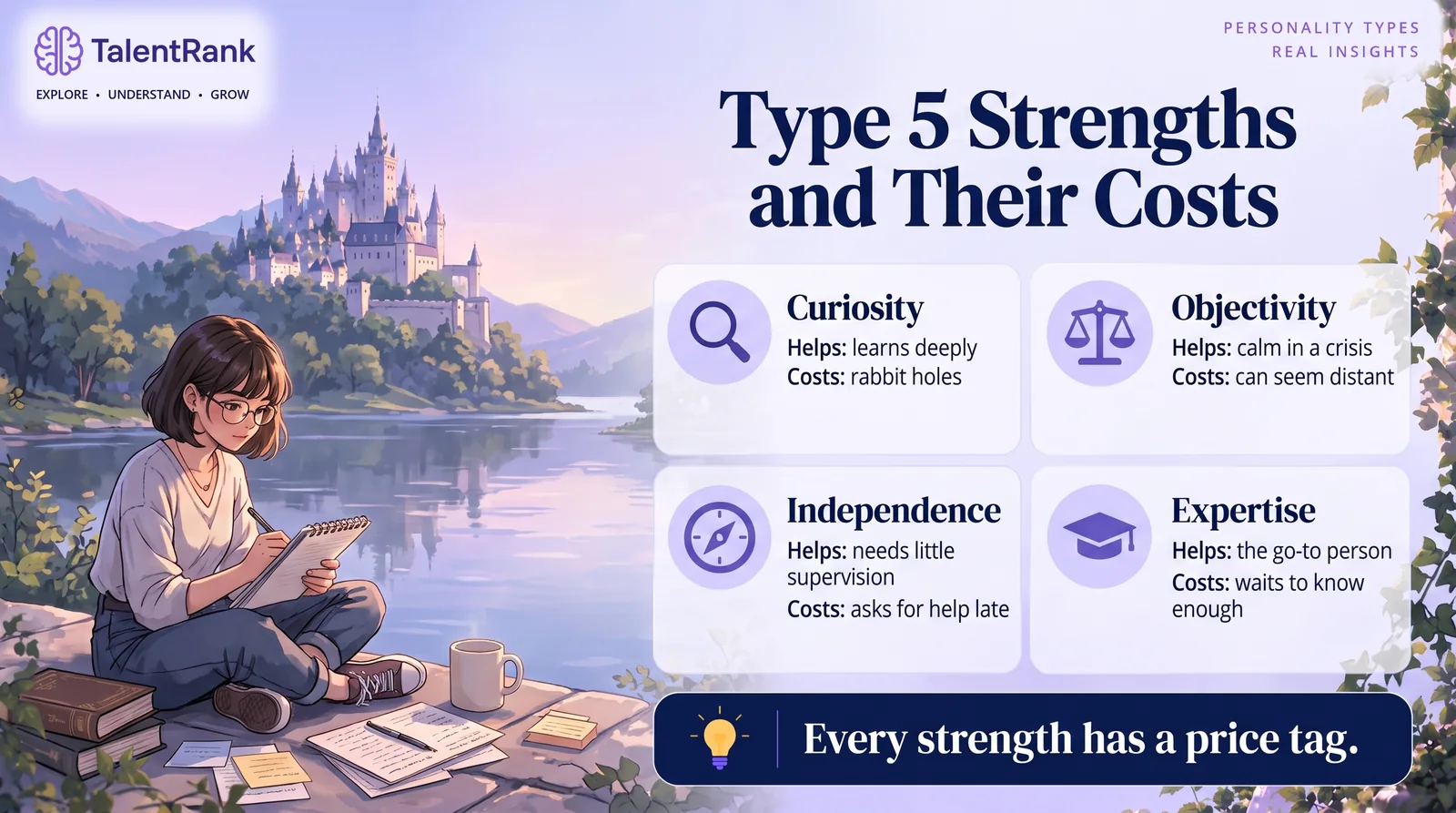 A Five's mind-first approach has clear strengths and costs. Four cards showing Type 5 strengths, curiosity, objectivity, independence and expertise, each with its cost.