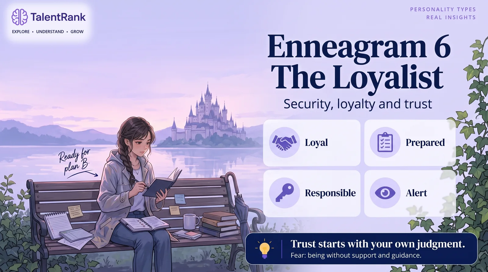Illustrated young woman checking a planner by a lake beside cards reading loyal, prepared, responsible and alert.