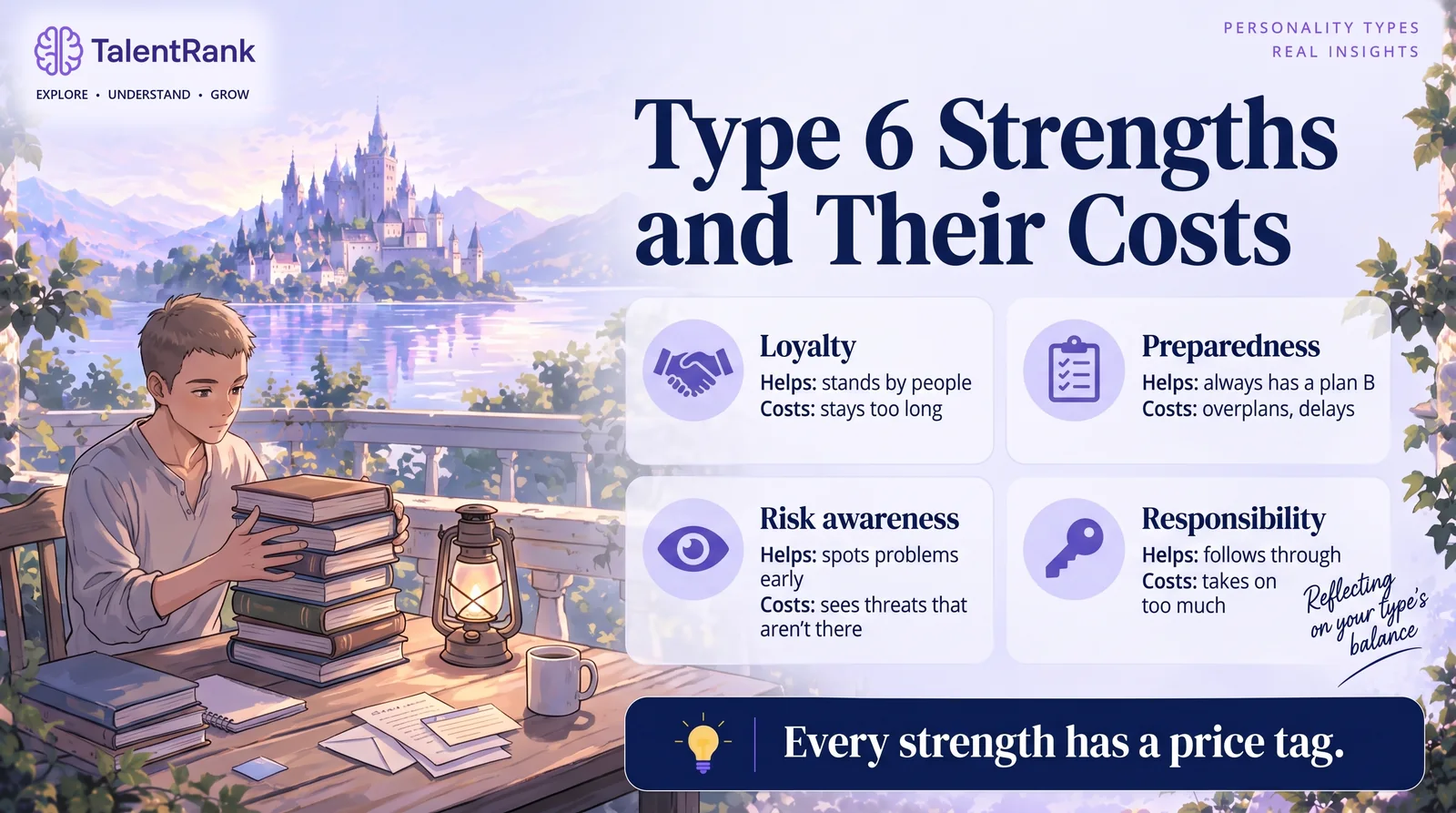 A Six's caution protects people, and it has costs too. Four cards showing Type 6 strengths, loyalty, preparedness, risk awareness and responsibility, each with its cost.