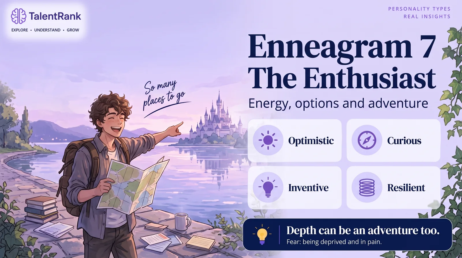 Illustrated cheerful young man with a backpack by a lake beside cards reading optimistic, curious, inventive and resilient.