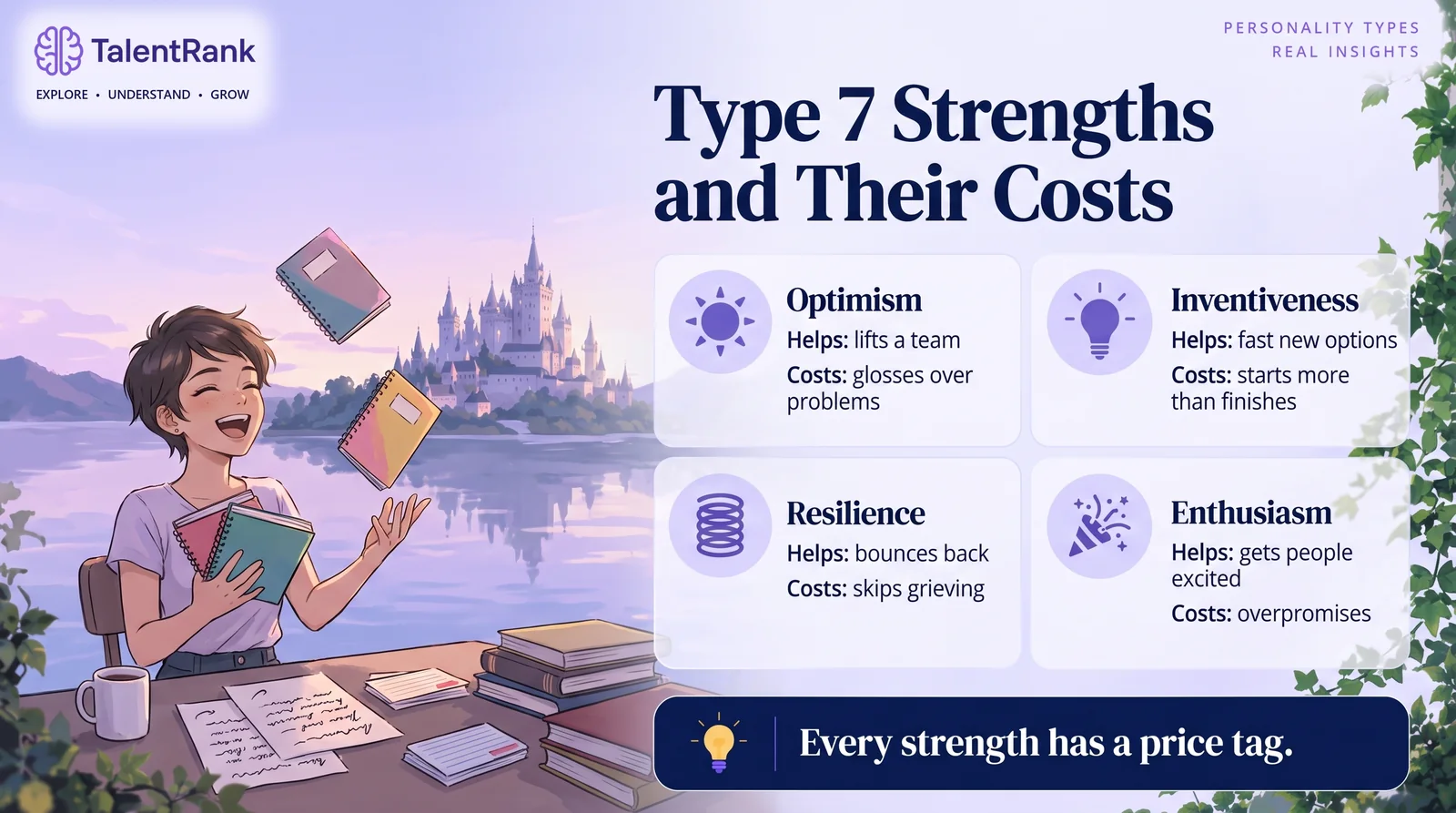A Seven's energy helps a lot, and it has costs too. Four cards showing Type 7 strengths, optimism, inventiveness, resilience and enthusiasm, each with its cost.