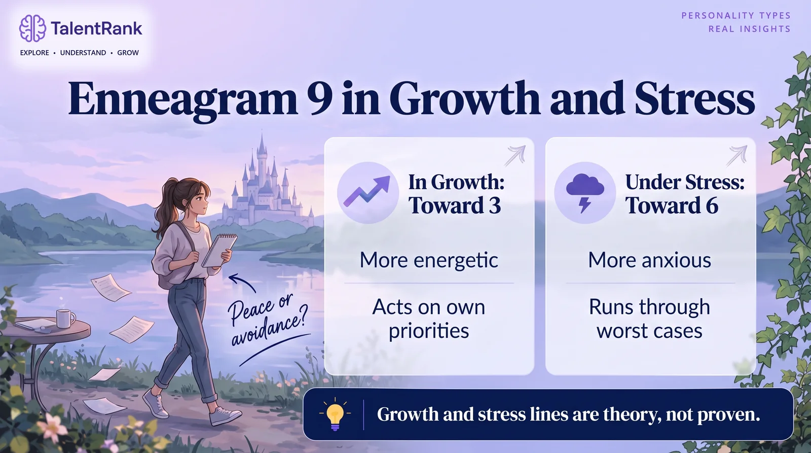 Where Nines tend to go in growth and under stress, according to Enneagram theory. Two cards showing an Enneagram 9 moving toward Type 3 in growth and toward Type 6 under stress.