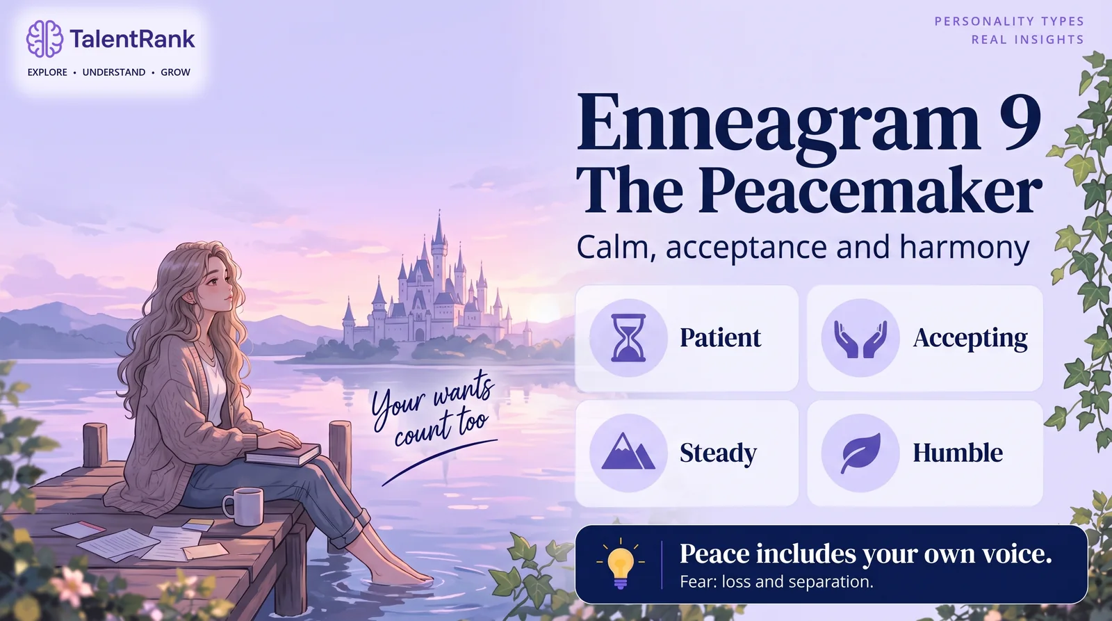 Illustrated calm young woman sitting by a lake beside cards reading patient, accepting, steady and humble.