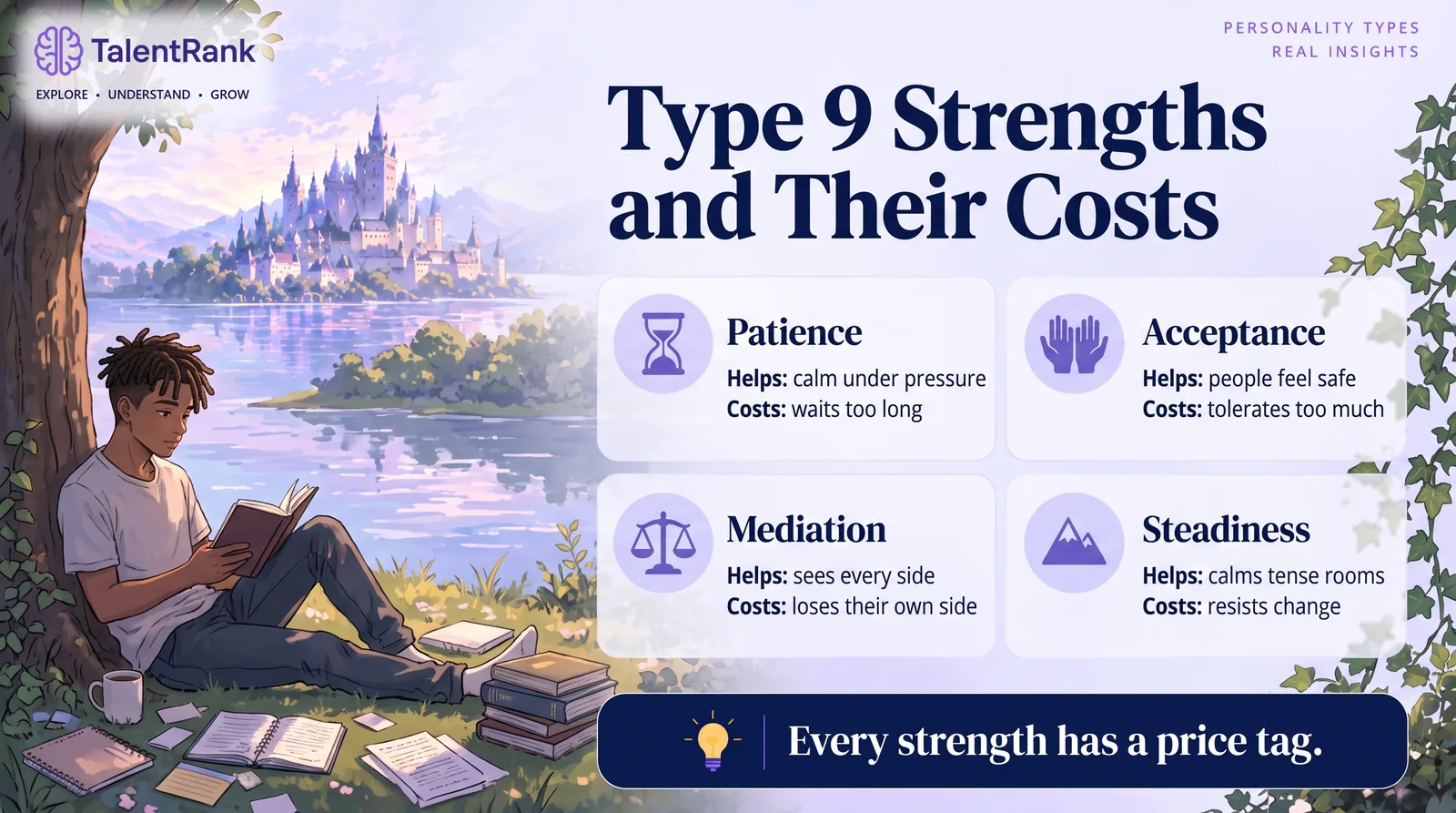 Keeping the peace has real benefits and real costs. Four cards showing Type 9 strengths, patience, acceptance, mediation and steadiness, each with its cost.
