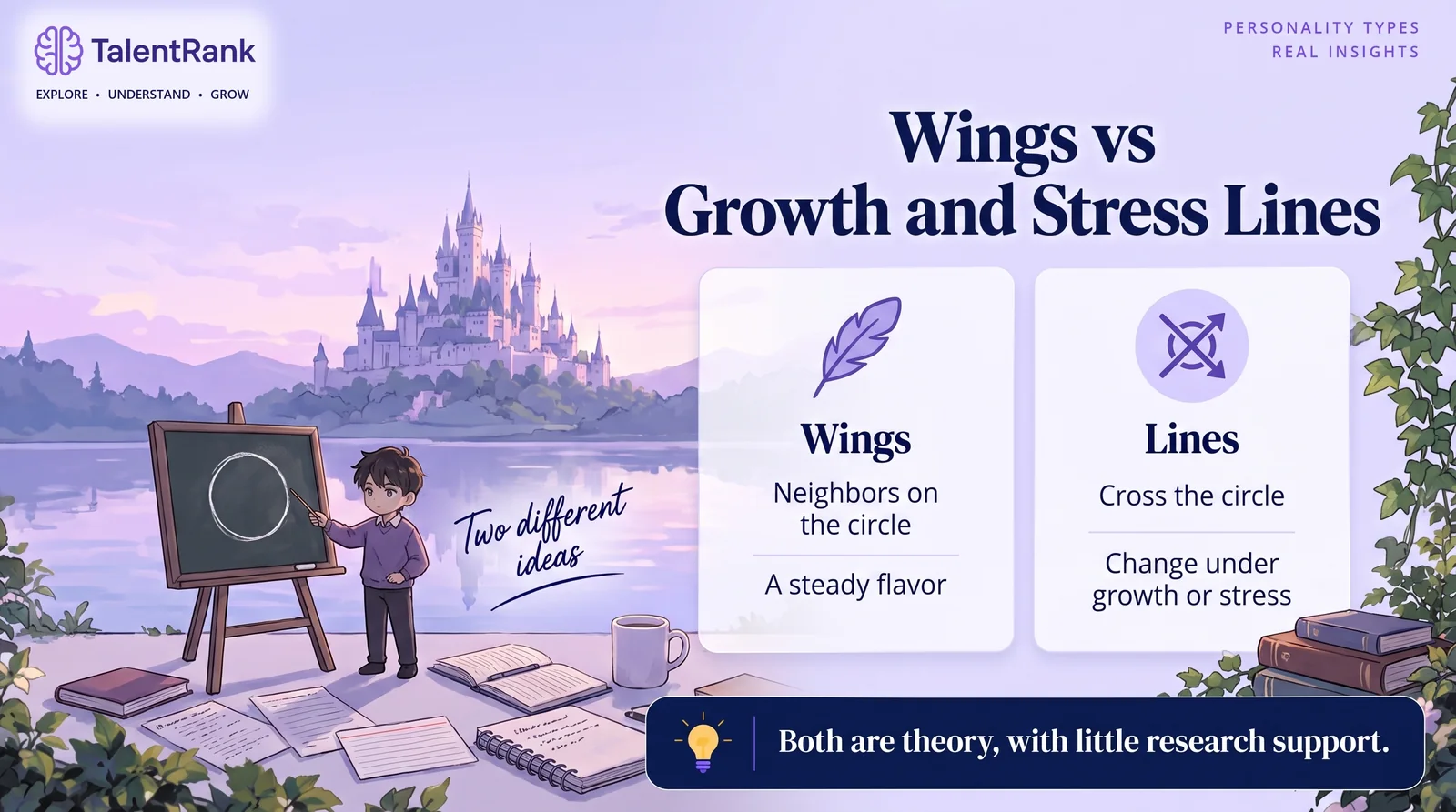 Two cards comparing Enneagram wings, the neighbors on the circle, with growth and stress lines that cross it.