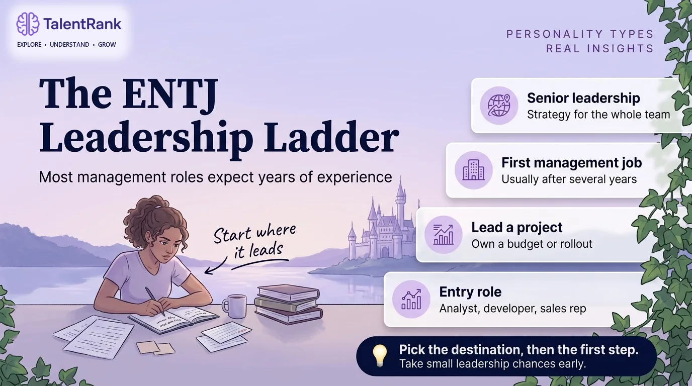 Most leadership roles expect years of experience, so choose a starting role that leads where you want to go. Ladder diagram showing how ENTJs can move from an entry role to project leadership, a first management job, and senior leadership.