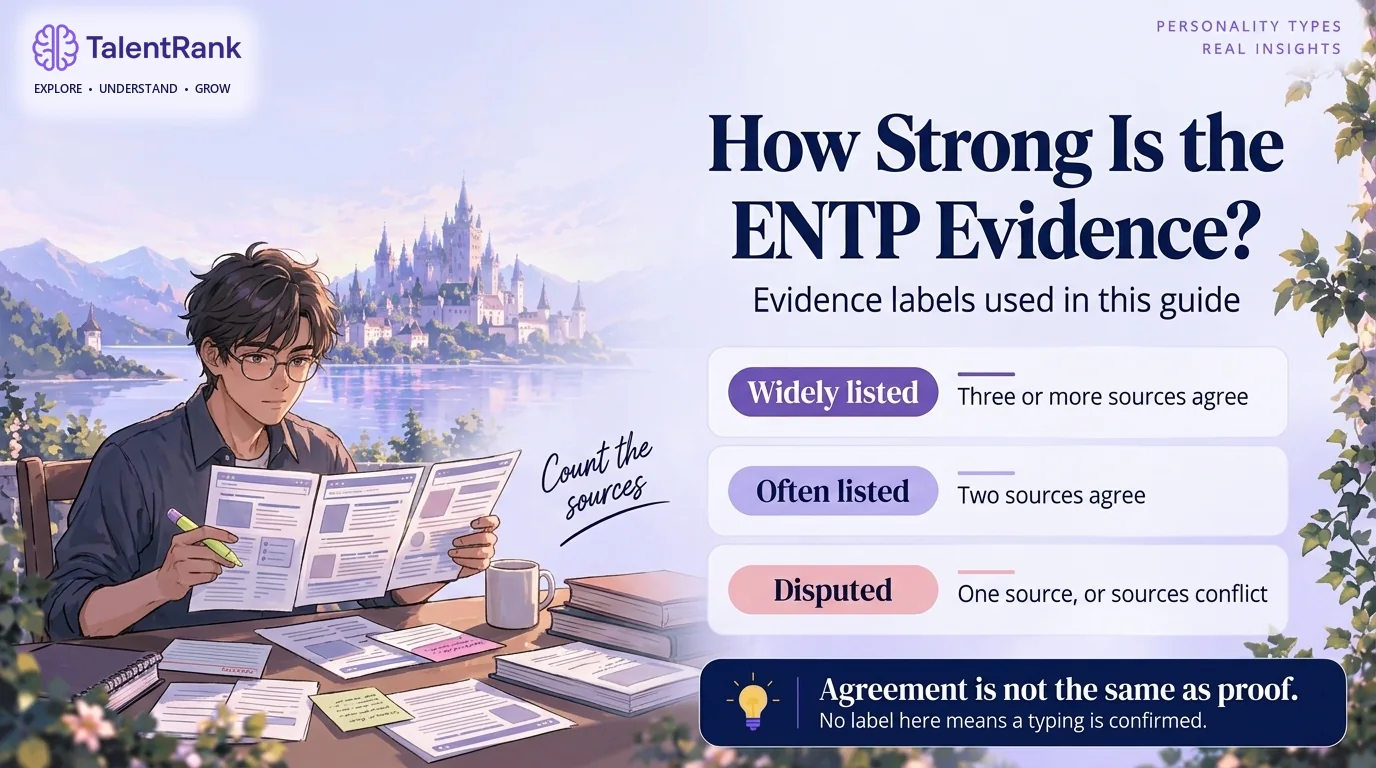Infographic of three evidence labels for ENTP celebrity typings: widely listed by three or more sources, often listed by two, and disputed.