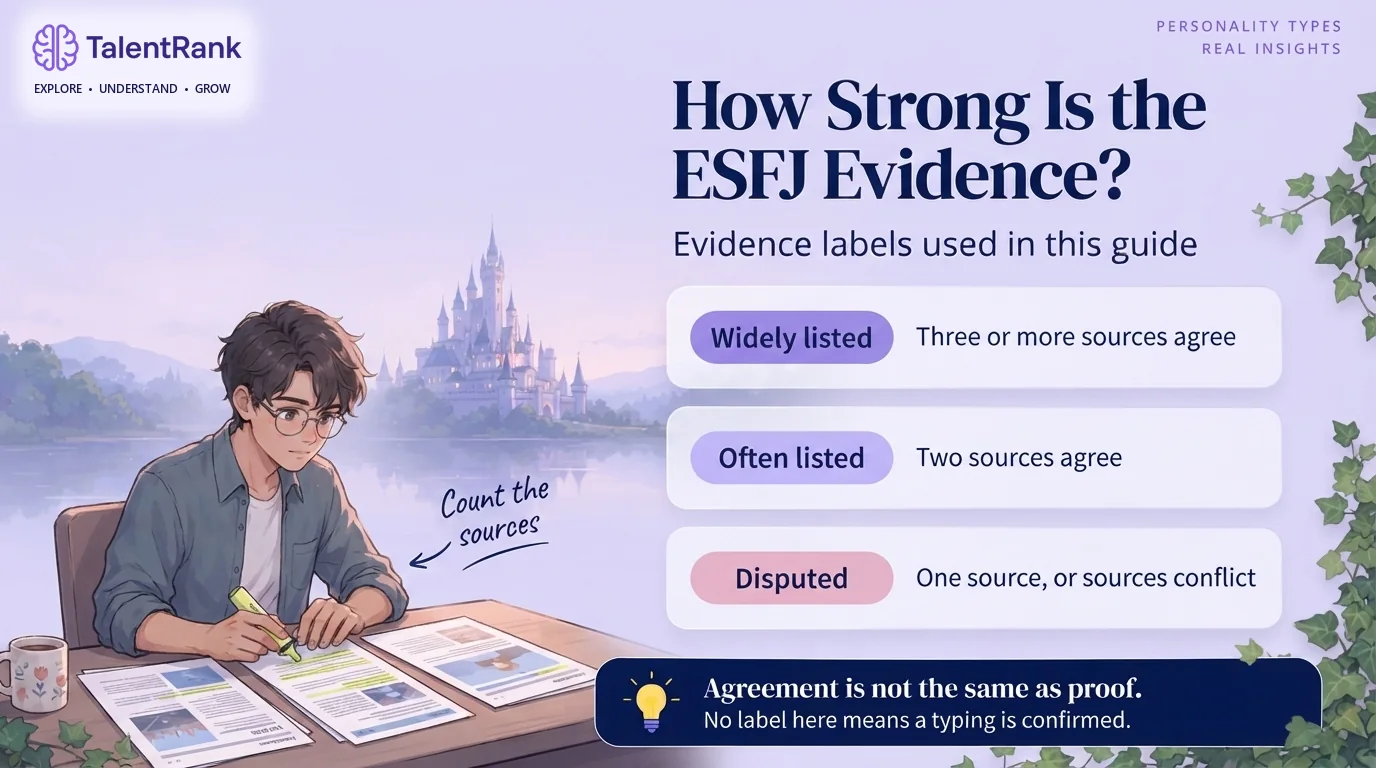 Infographic of three evidence labels for ESFJ celebrity typings: widely listed by three or more sources, often listed by two, and disputed.