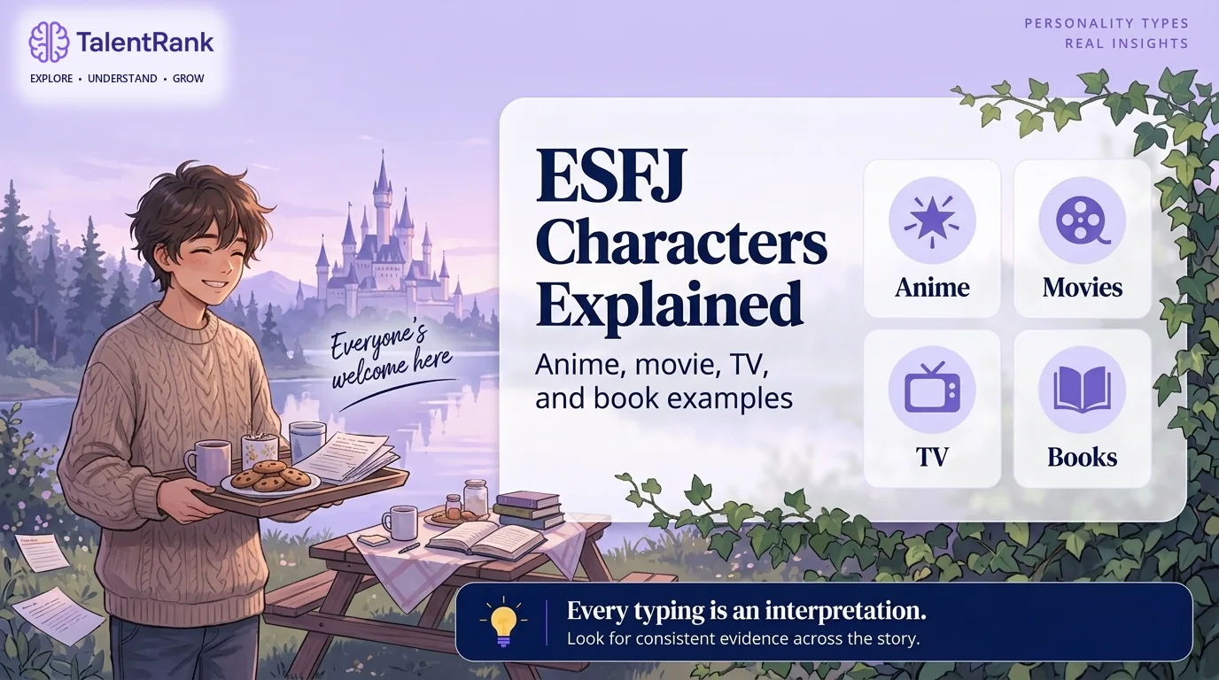 Original illustrated host welcoming friends beside four ESFJ character groups: anime, movies, TV, and books.