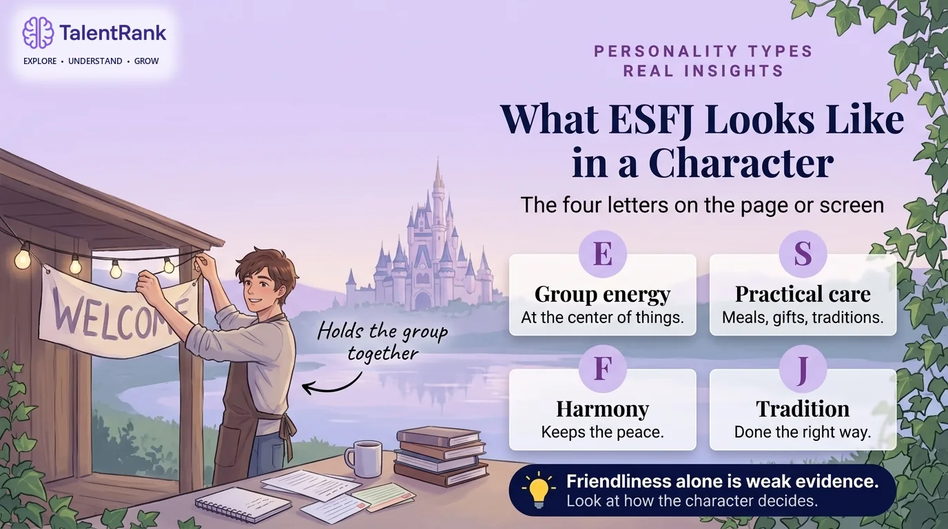 What each ESFJ letter looks like on the page or screen. Infographic explaining what each ESFJ letter looks like in a fictional character: group energy, practical care, harmony, and tradition.