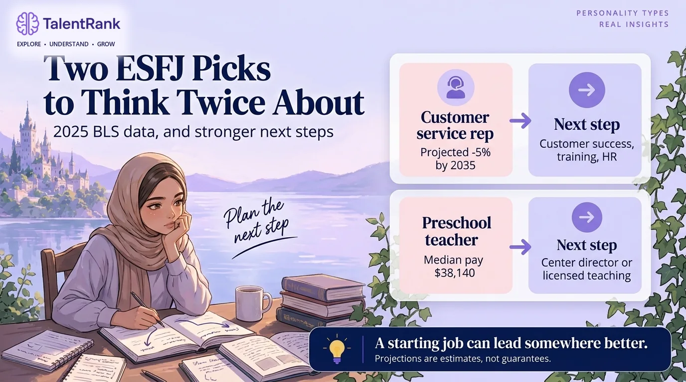 Two classic ESFJ suggestions and the stronger paths they can lead to. Comparison of two popular ESFJ jobs with weaker outlooks, customer service representative and preschool teacher, and stronger next steps such as HR, customer success, and teaching.
