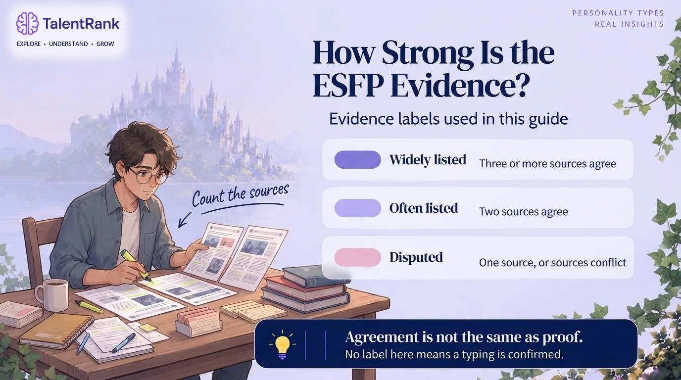 Infographic of three evidence labels for ESFP celebrity typings: widely listed by three or more sources, often listed by two, and disputed.