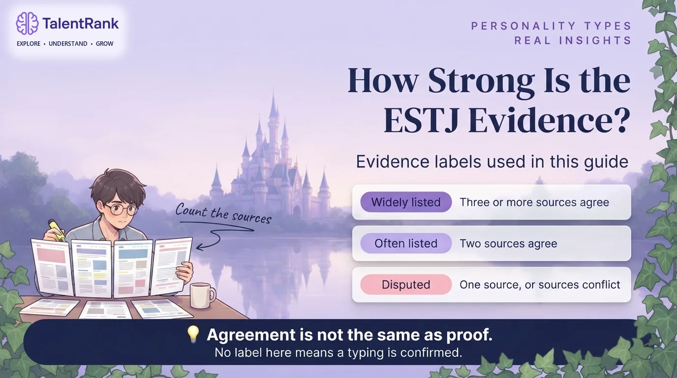Infographic of three evidence labels for ESTJ celebrity typings: widely listed by three or more sources, often listed by two, and disputed.