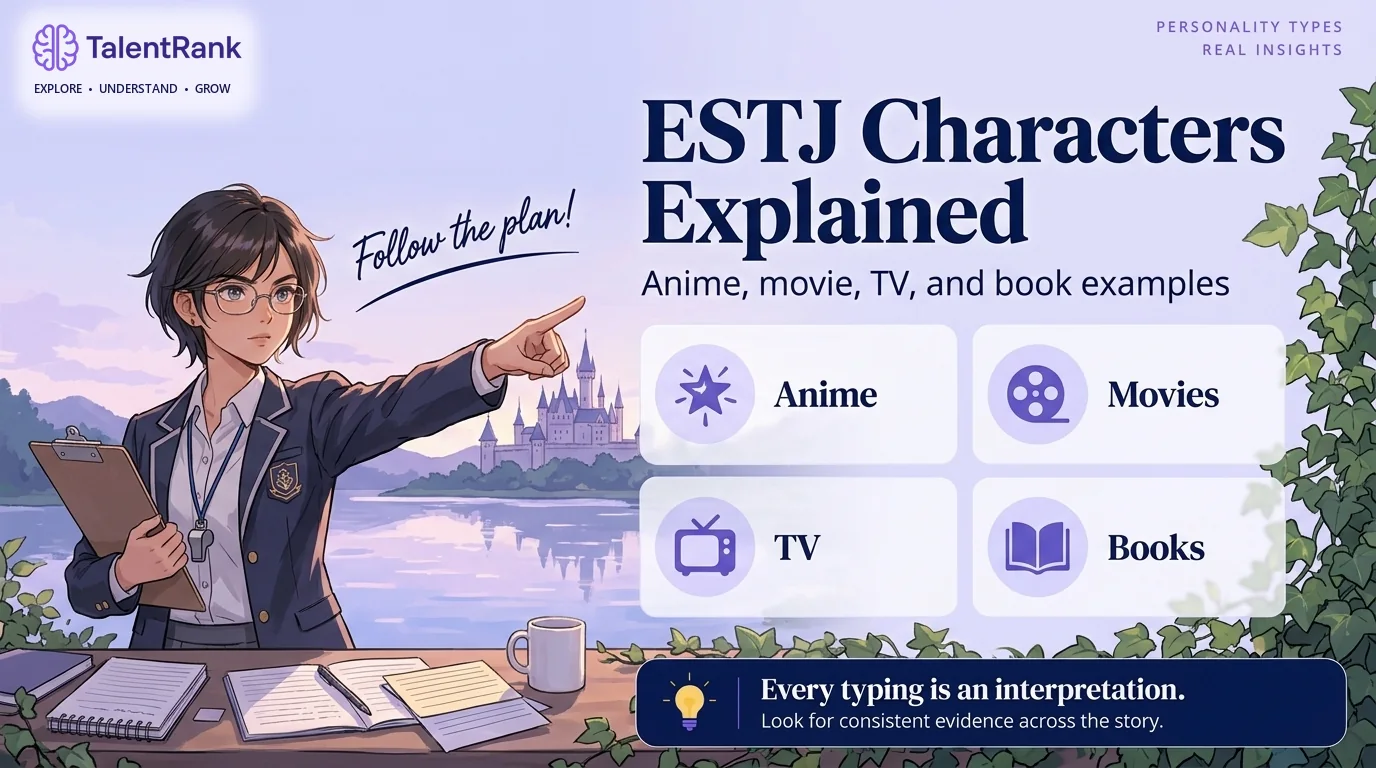 Original illustrated class leader with a clipboard beside four ESTJ character groups: anime, movies, TV, and books.