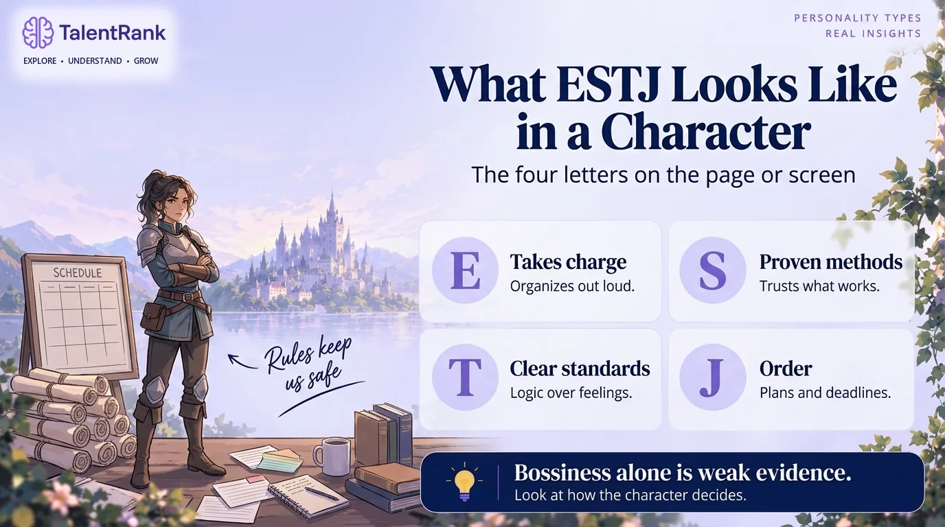 What each ESTJ letter looks like on the page or screen. Infographic explaining what each ESTJ letter looks like in a fictional character: taking charge, proven methods, clear standards, and order.