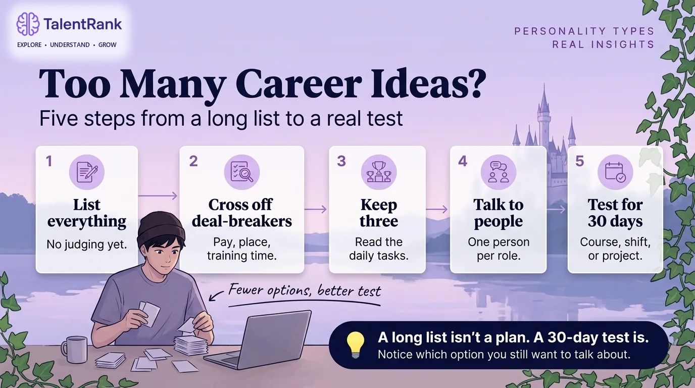 Five-step process for narrowing many career ideas: list everything, cross off deal-breakers, keep three, talk to people, and run a 30-day experiment.
