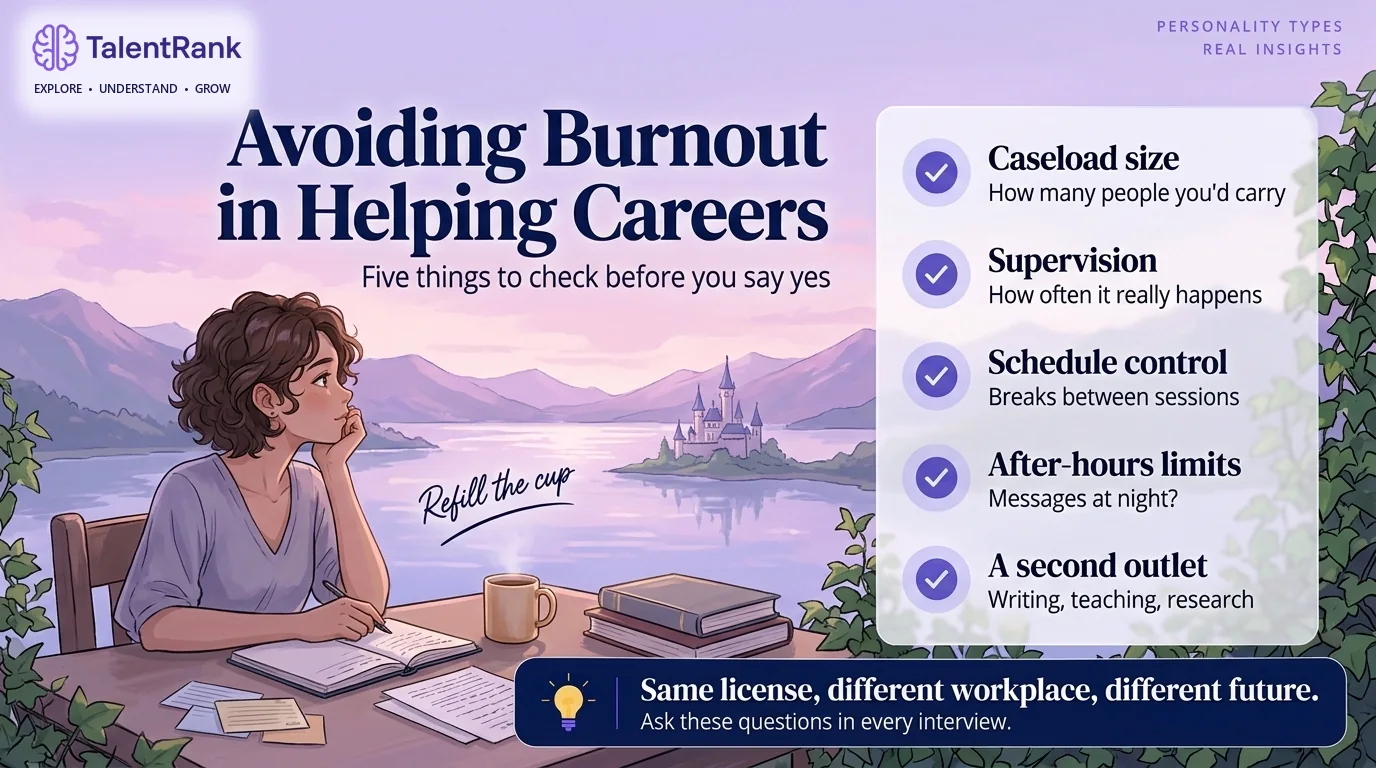 Five things to check before accepting a helping role, so meaningful work stays sustainable. Checklist of five burnout protections for INFJs in helping careers: caseload size, supervision, schedule control, after-hours boundaries, and a second outlet.