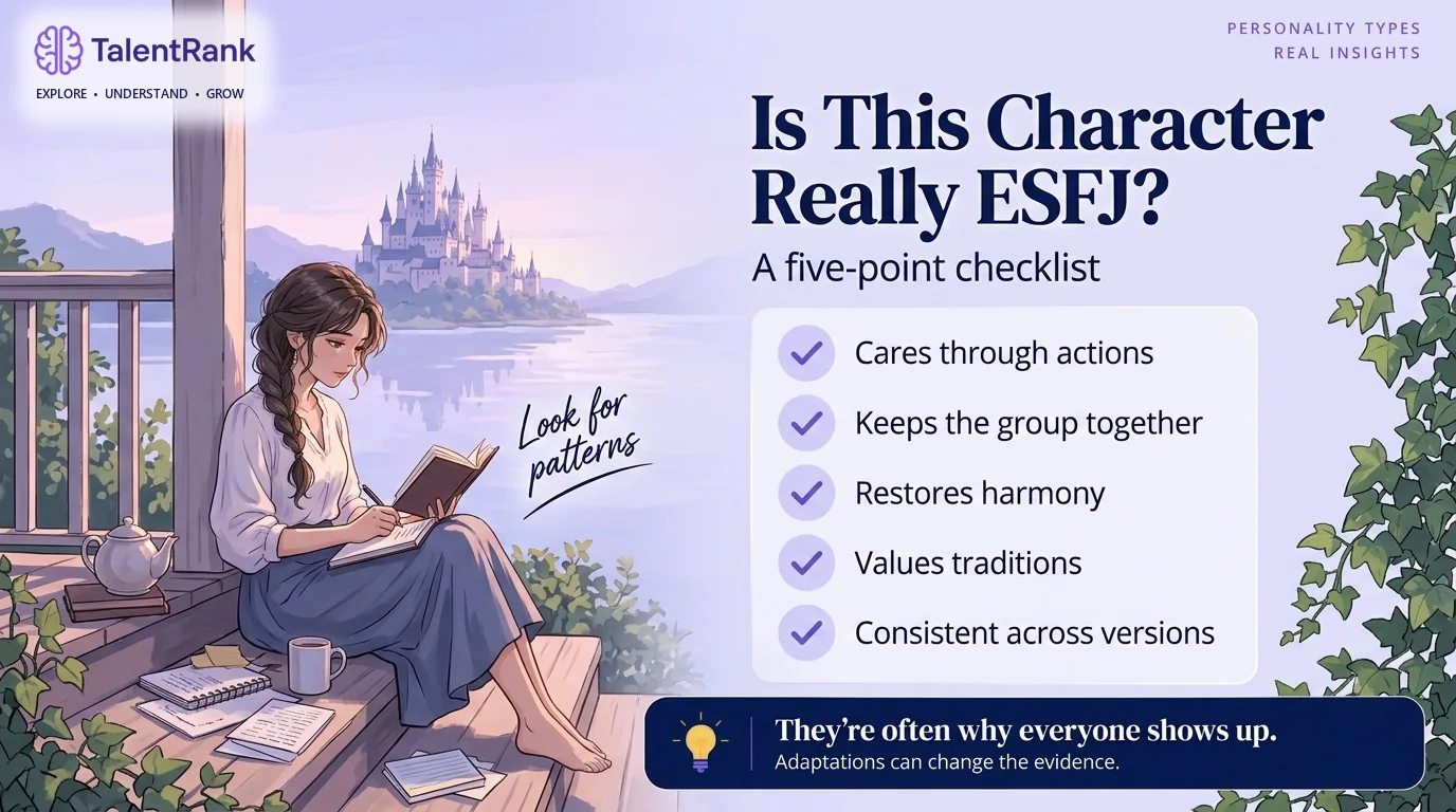 Use this checklist to test an ESFJ typing instead of relying on friendliness alone. Five-point checklist for judging whether a fictional character fits ESFJ: practical care, group focus, harmony-seeking, tradition, and consistency across versions.