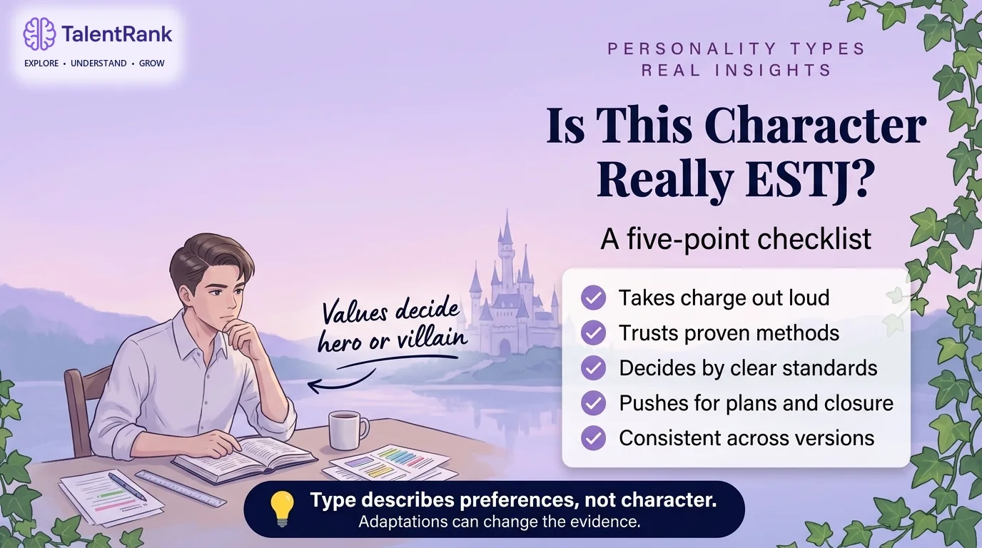 Use this checklist to test an ESTJ typing instead of relying on bossiness alone. Five-point checklist for judging whether a fictional character fits ESTJ: direct leadership, proven methods, standards-based decisions, structure, and consistency across versions.