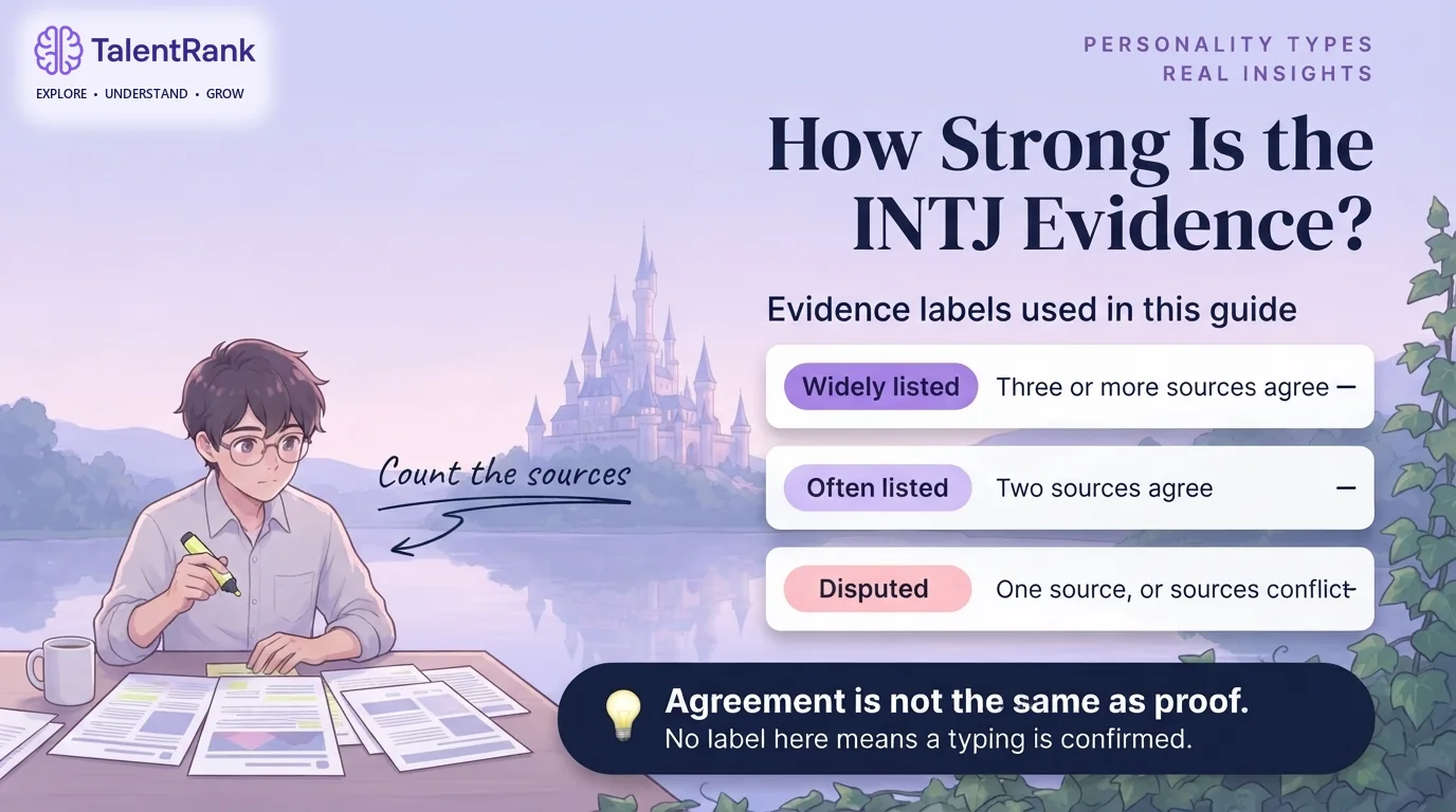 Infographic of three evidence labels for INTJ celebrity typings: widely listed by three or more sources, often listed by two, and disputed.