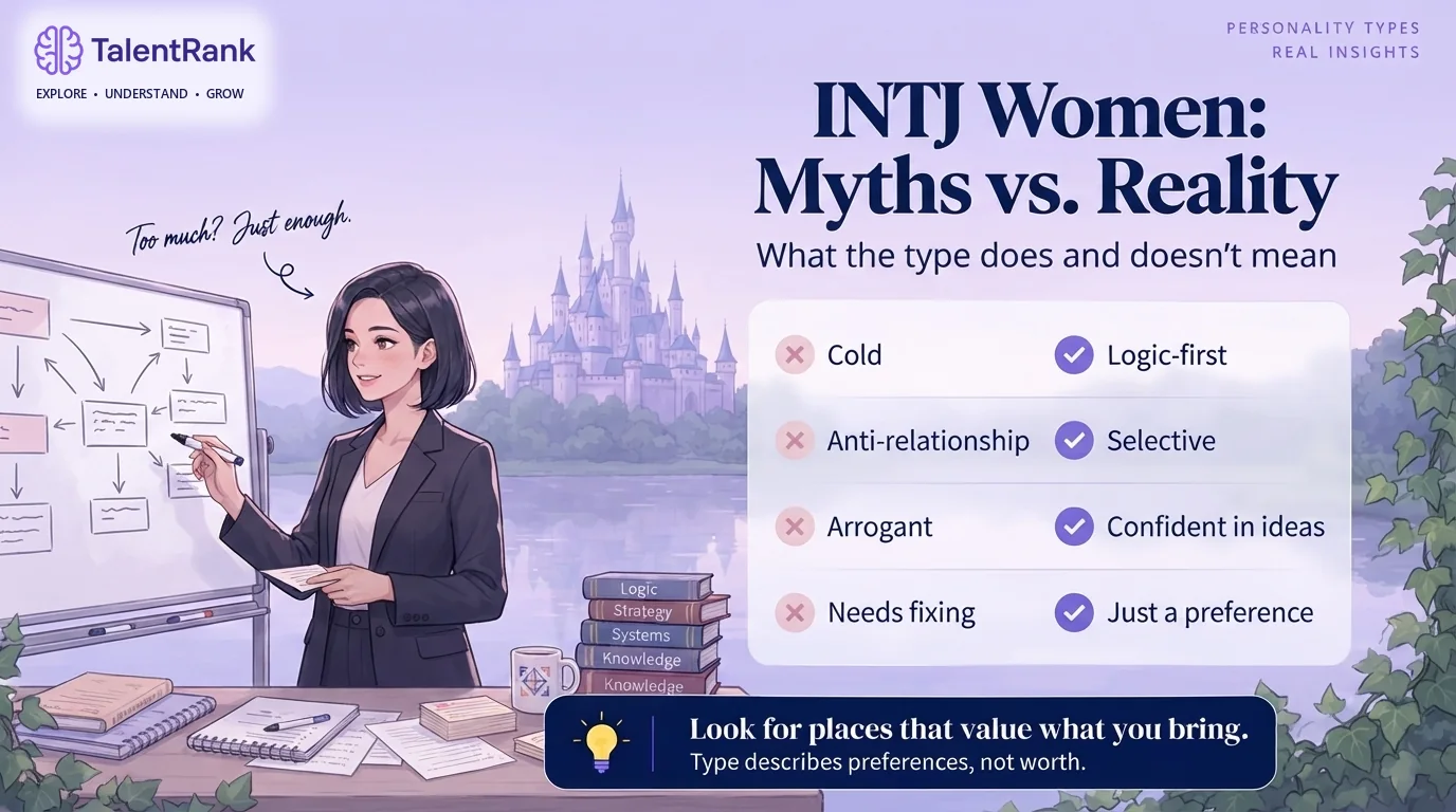 Myths versus reality about INTJ women: cold versus logic-first, doesn't want relationships versus selective, arrogant versus confident in ideas.