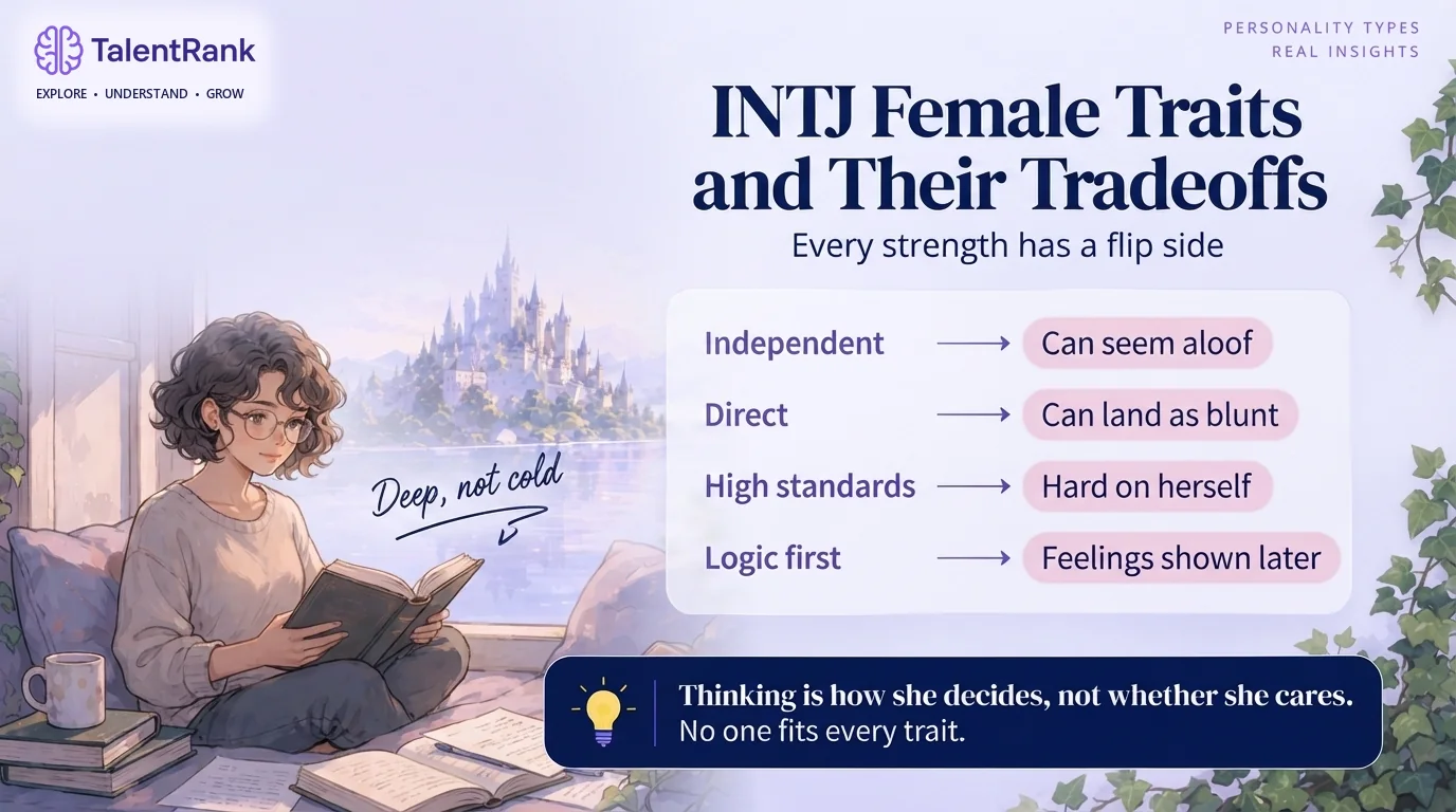 Infographic of common INTJ female traits and their tradeoffs: independent thinking, long-range planning, directness, high standards, and logic-first decisions.